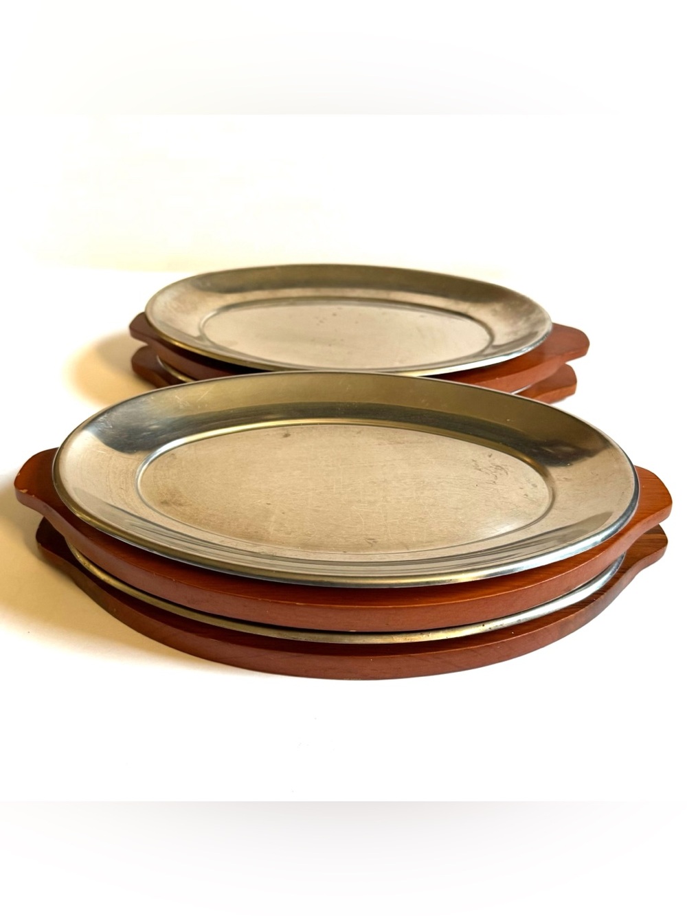 Vtg MCM Set 4 Silver Metal Teak Wood Steak Sizzle Oven To Table Platters Plates